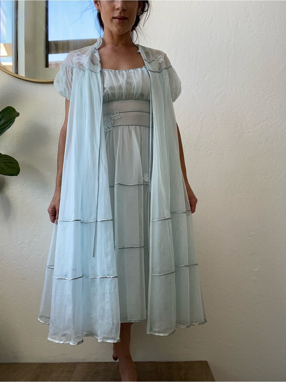 Vintage 1960’s Light Blue Gotham Gold Stripe Peignoir Set Nightgown and Robe